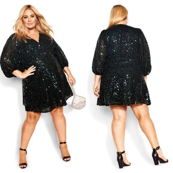 New! City Chic Scattered Glow Dress‎ - emerald, size M/18 - Picture 2 of 16